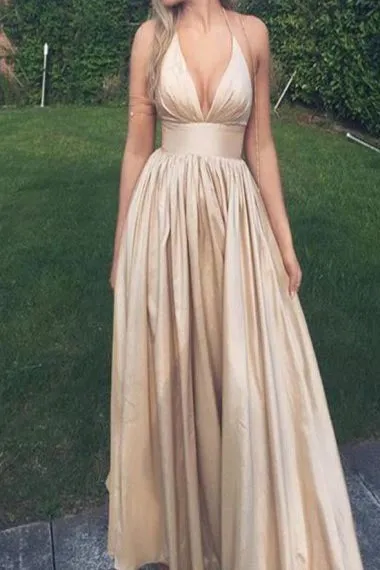 A-Line Halter Floor-Length Sleeveless Champagne Taffeta Prom Dress with Ruched AHC671