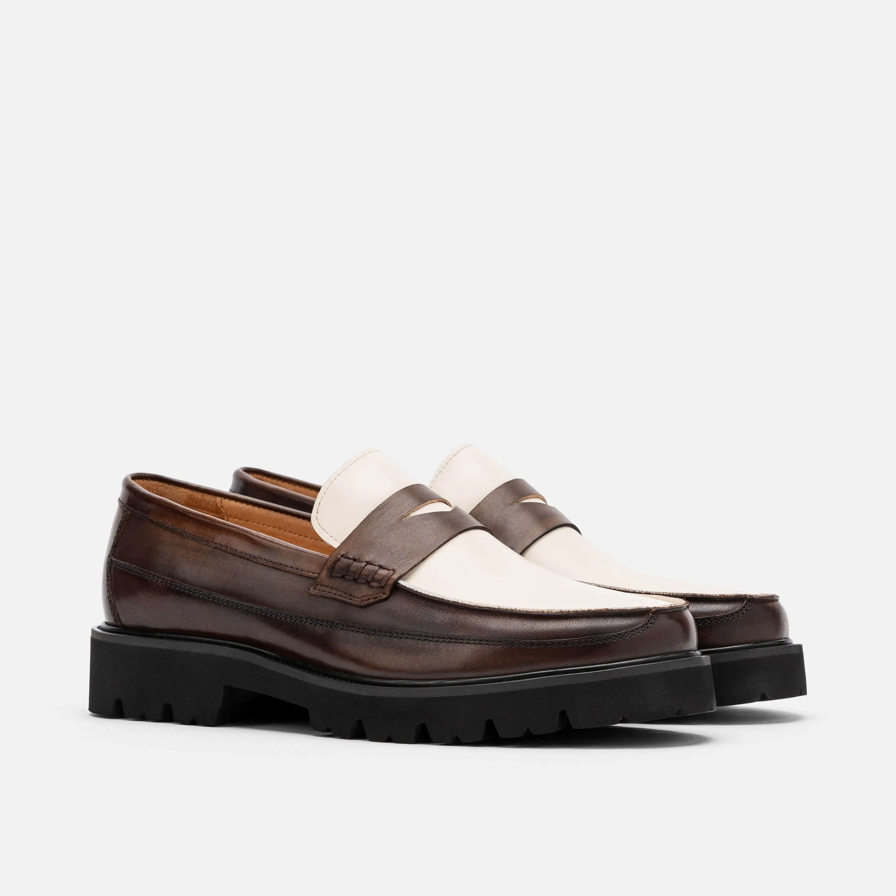 Adler Brown/White Leather Lug Penny Loafers