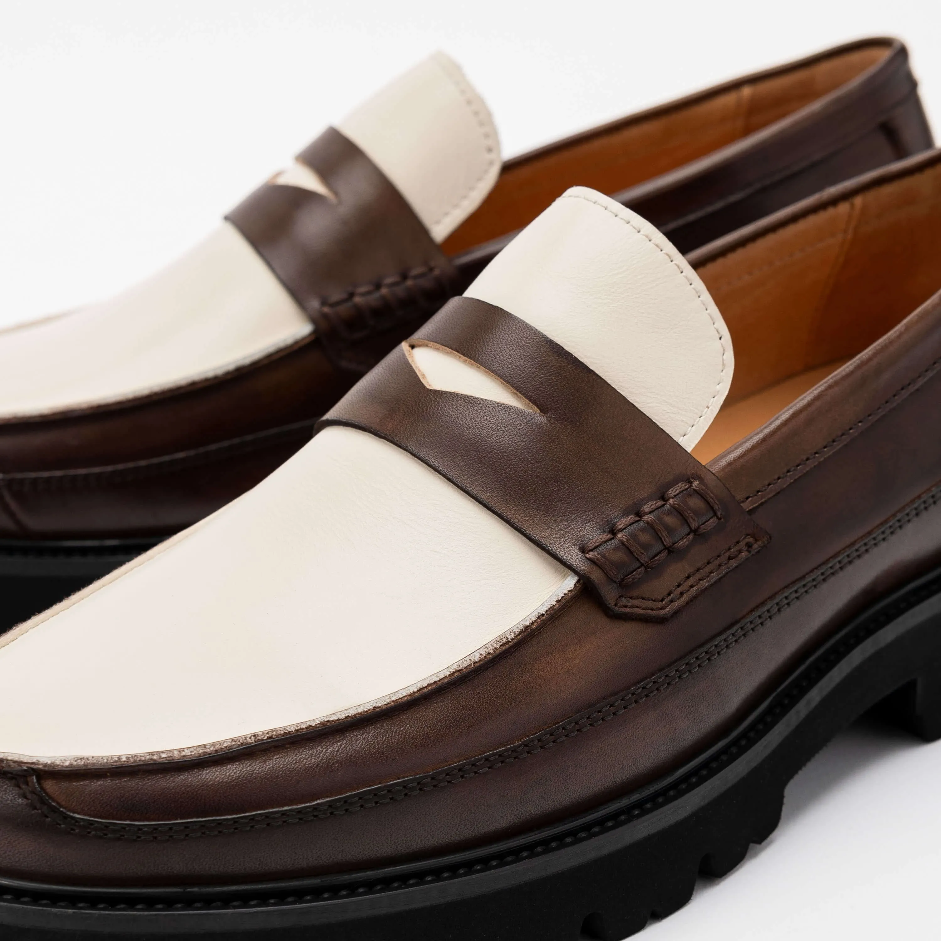 Adler Brown/White Leather Lug Penny Loafers