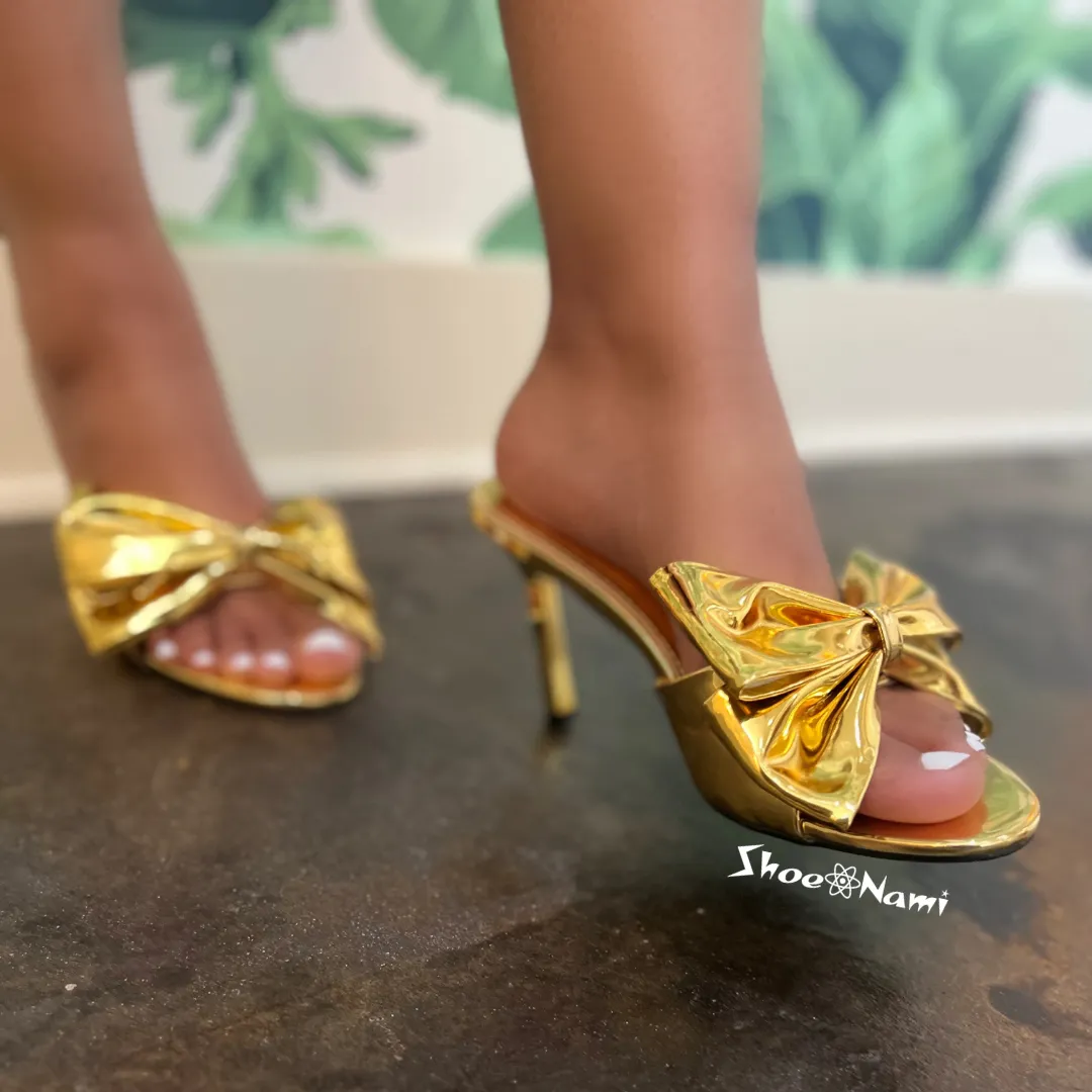 AFTERPARTY/2024 Gold Faux Leather Bow Mule Open Toe - Oversized Bow Vamp