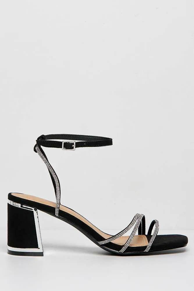 Alyanna Diamante Embellished Metallic Trim Block Heel Sandals in Black Suede