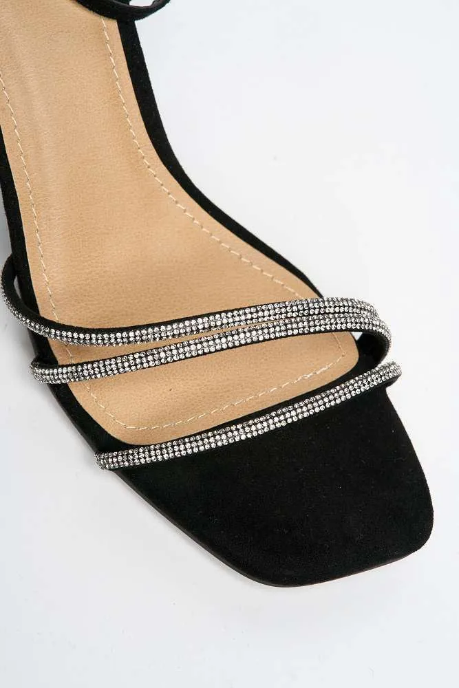 Alyanna Diamante Embellished Metallic Trim Block Heel Sandals in Black Suede