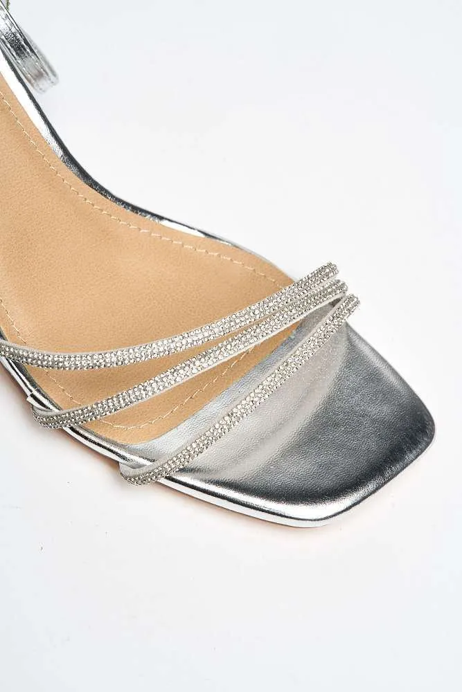 Alyanna Diamante Embellished Metallic Trim Block Heel Sandals in Silver