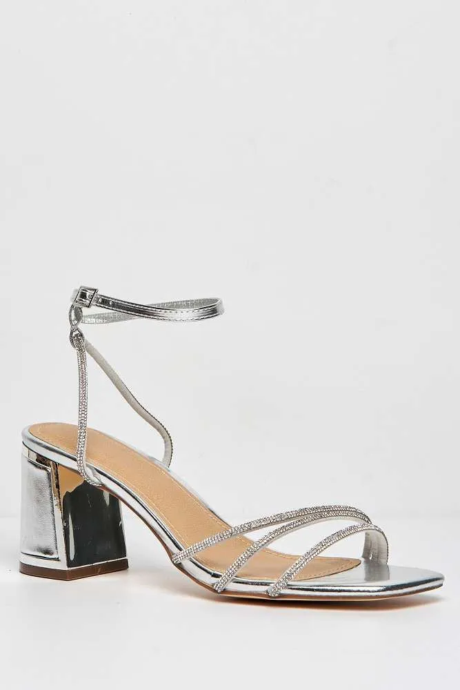 Alyanna Diamante Embellished Metallic Trim Block Heel Sandals in Silver