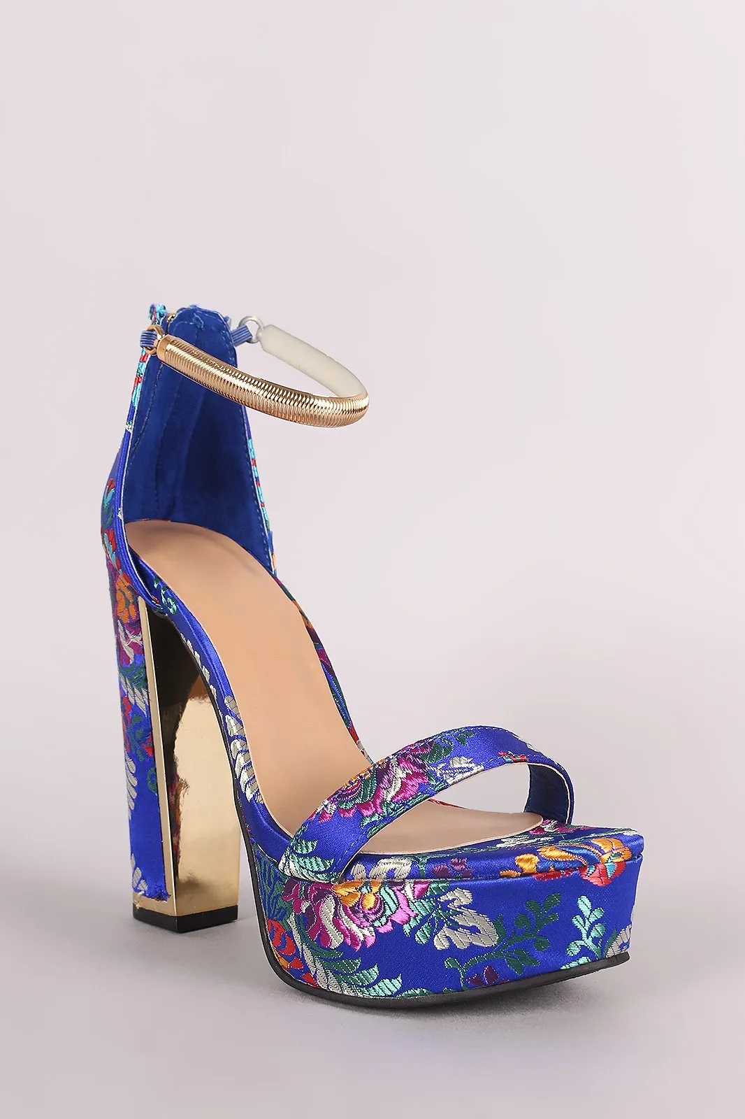 Bamboo Floral Brocade Satin Chunky Platform Heel