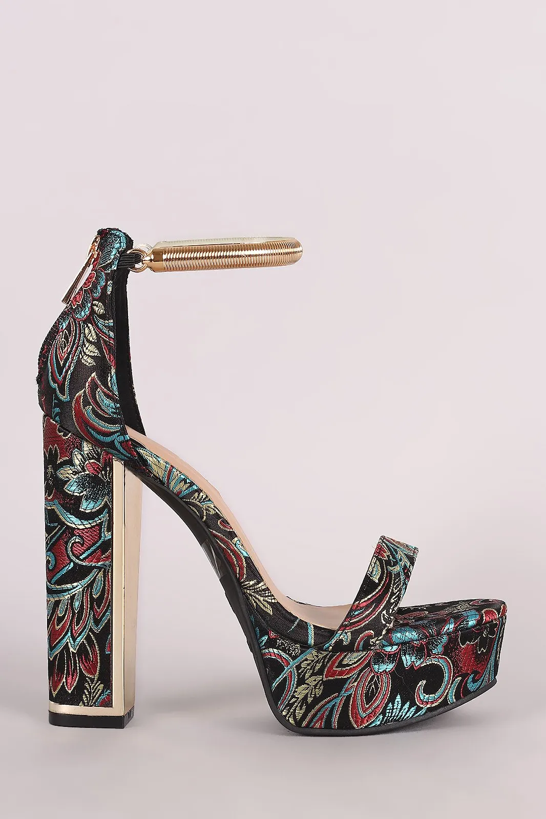 Bamboo Floral Brocade Satin Chunky Platform Heel