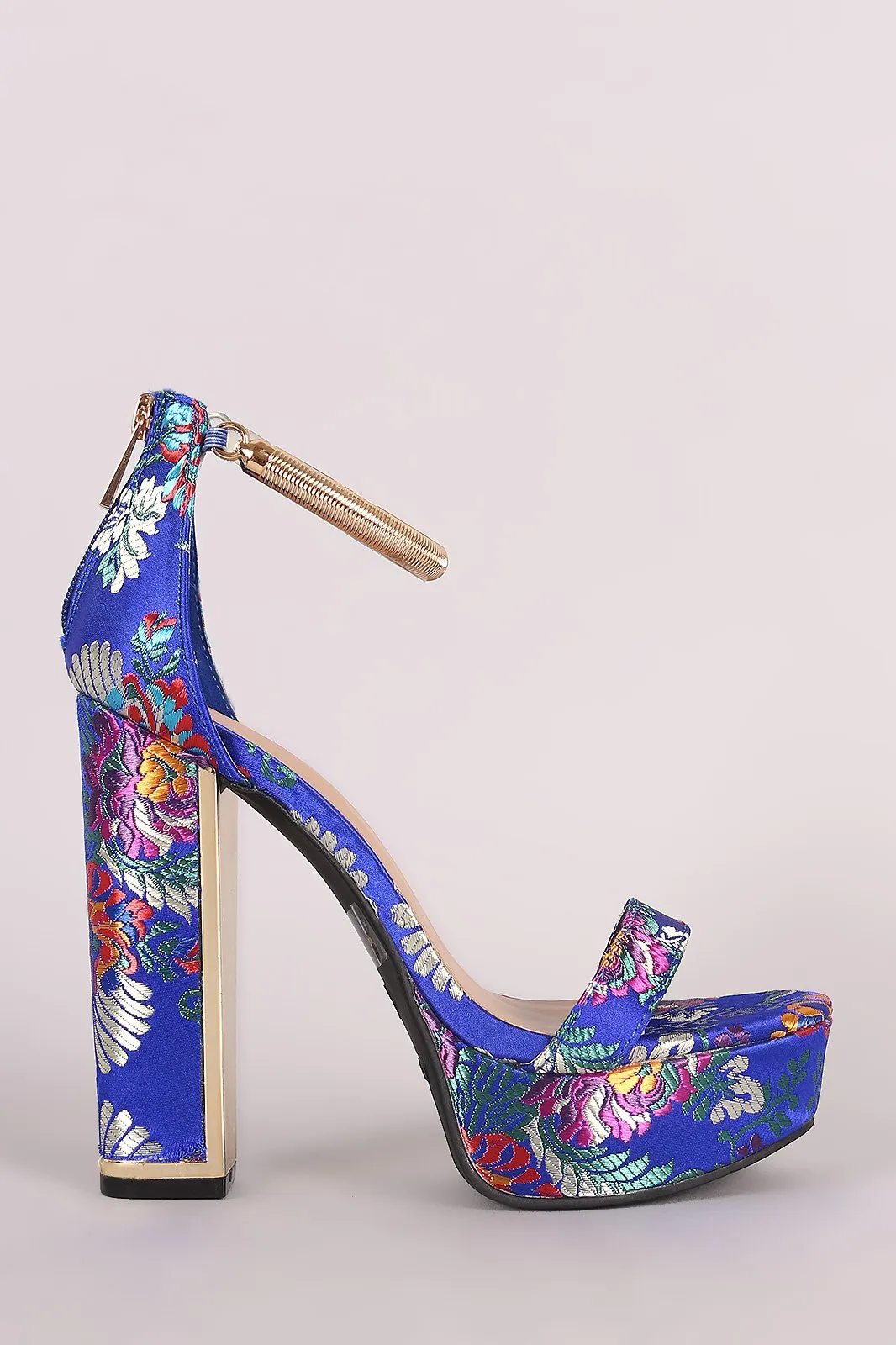 Bamboo Floral Brocade Satin Chunky Platform Heel