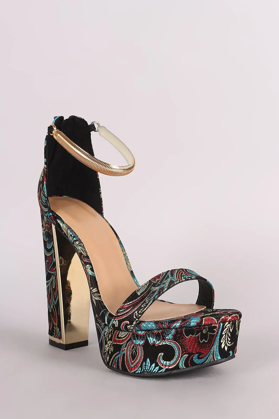 Bamboo Floral Brocade Satin Chunky Platform Heel