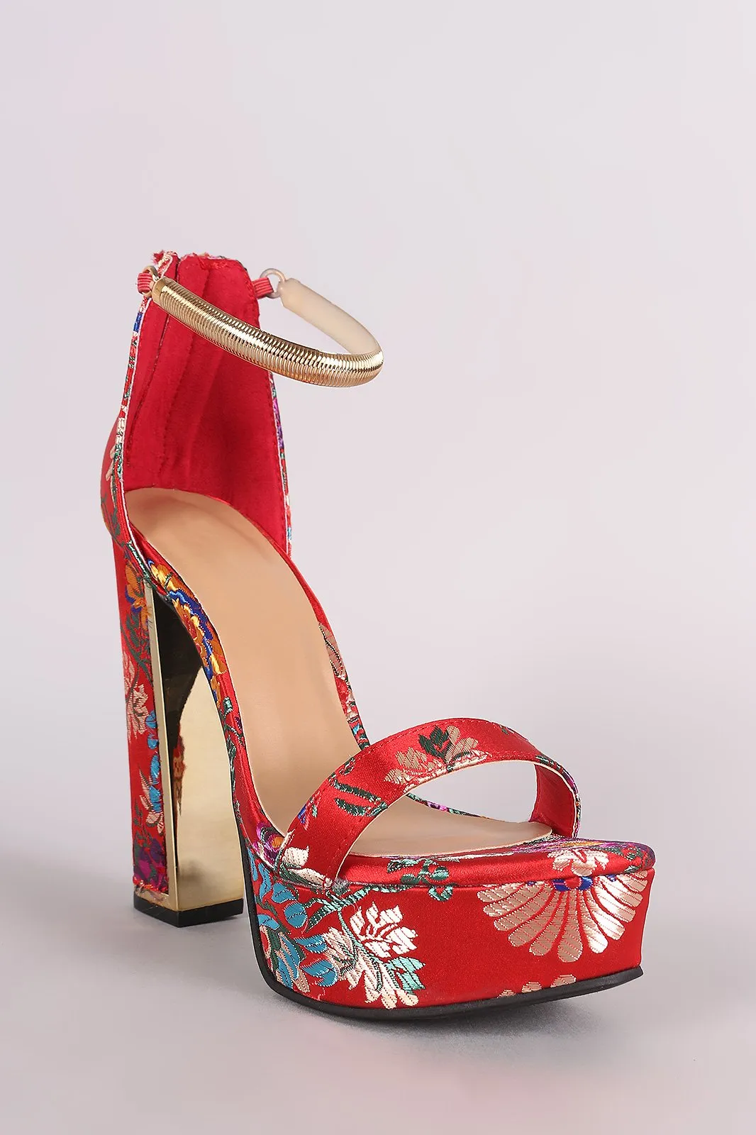 Bamboo Floral Brocade Satin Chunky Platform Heel