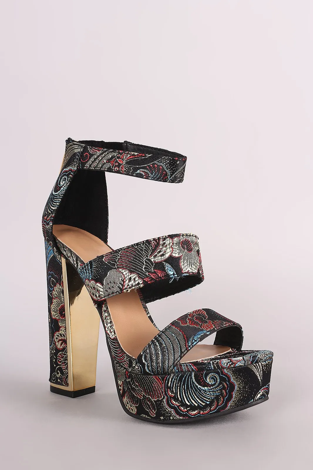 Bamboo Floral Brocade Triple Bands Chunky Platform Heel