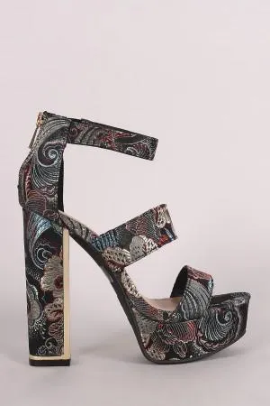 Bamboo Floral Brocade Triple Bands Chunky Platform Heel