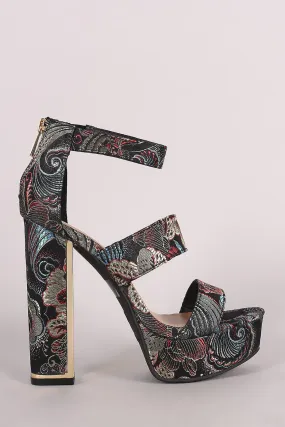 Bamboo Floral Brocade Triple Bands Chunky Platform Heel