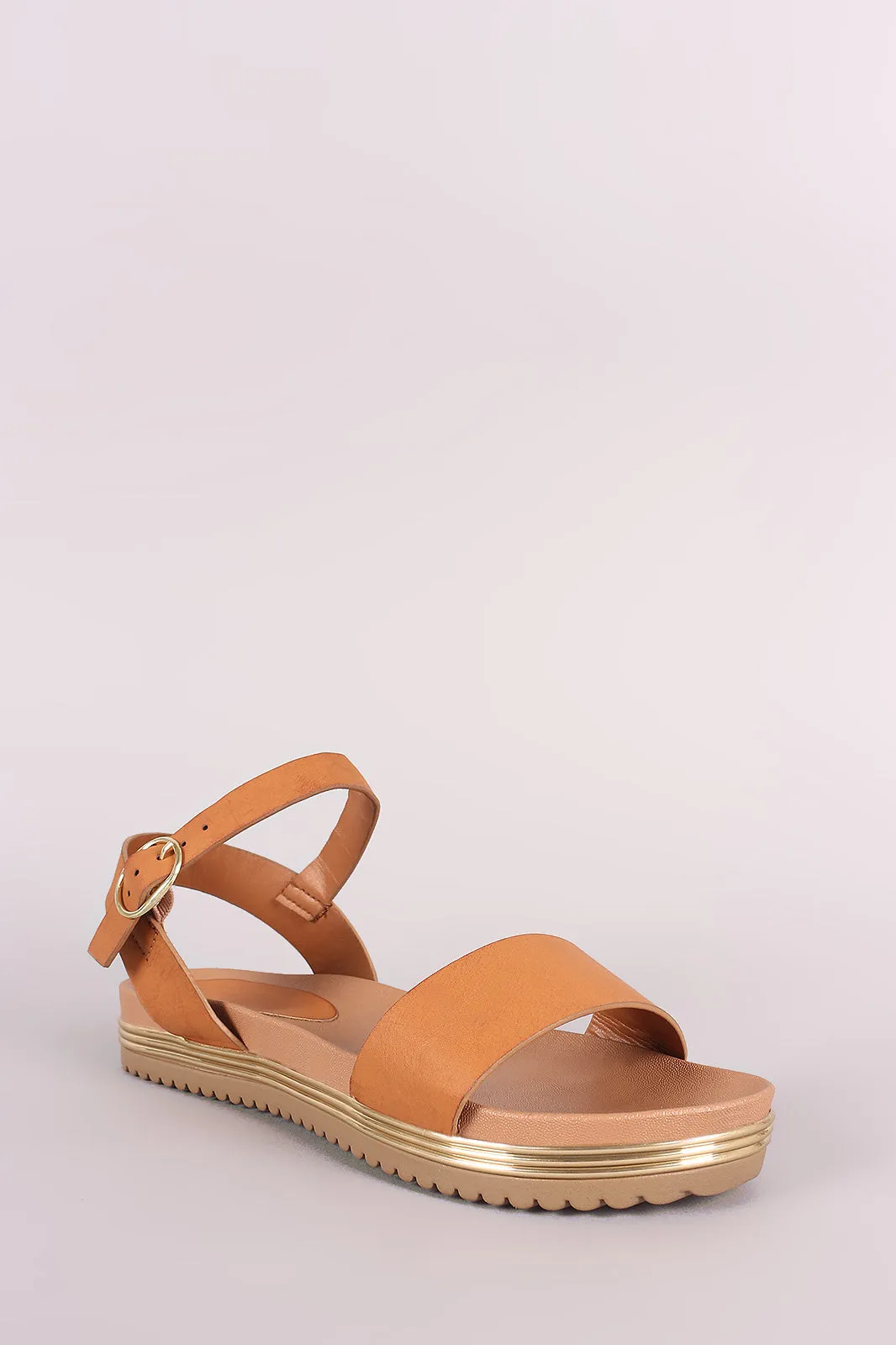 Bamboo Metallic Trim Ankle Strap Flatform Sandal