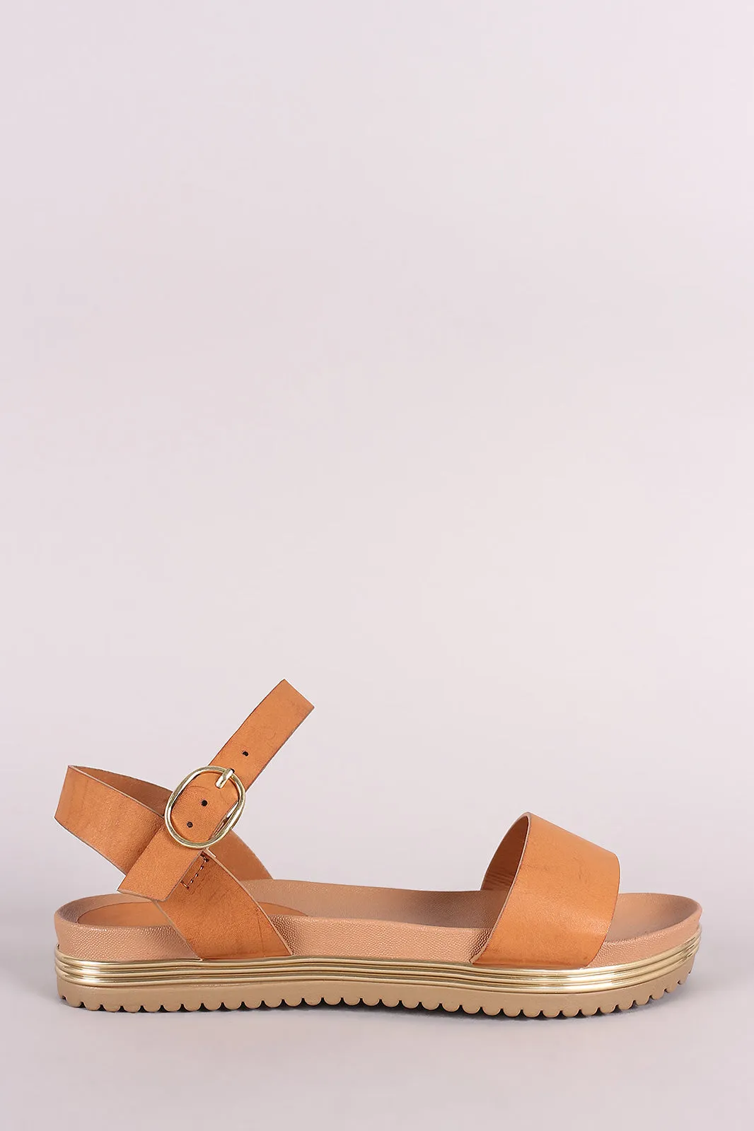 Bamboo Metallic Trim Ankle Strap Flatform Sandal