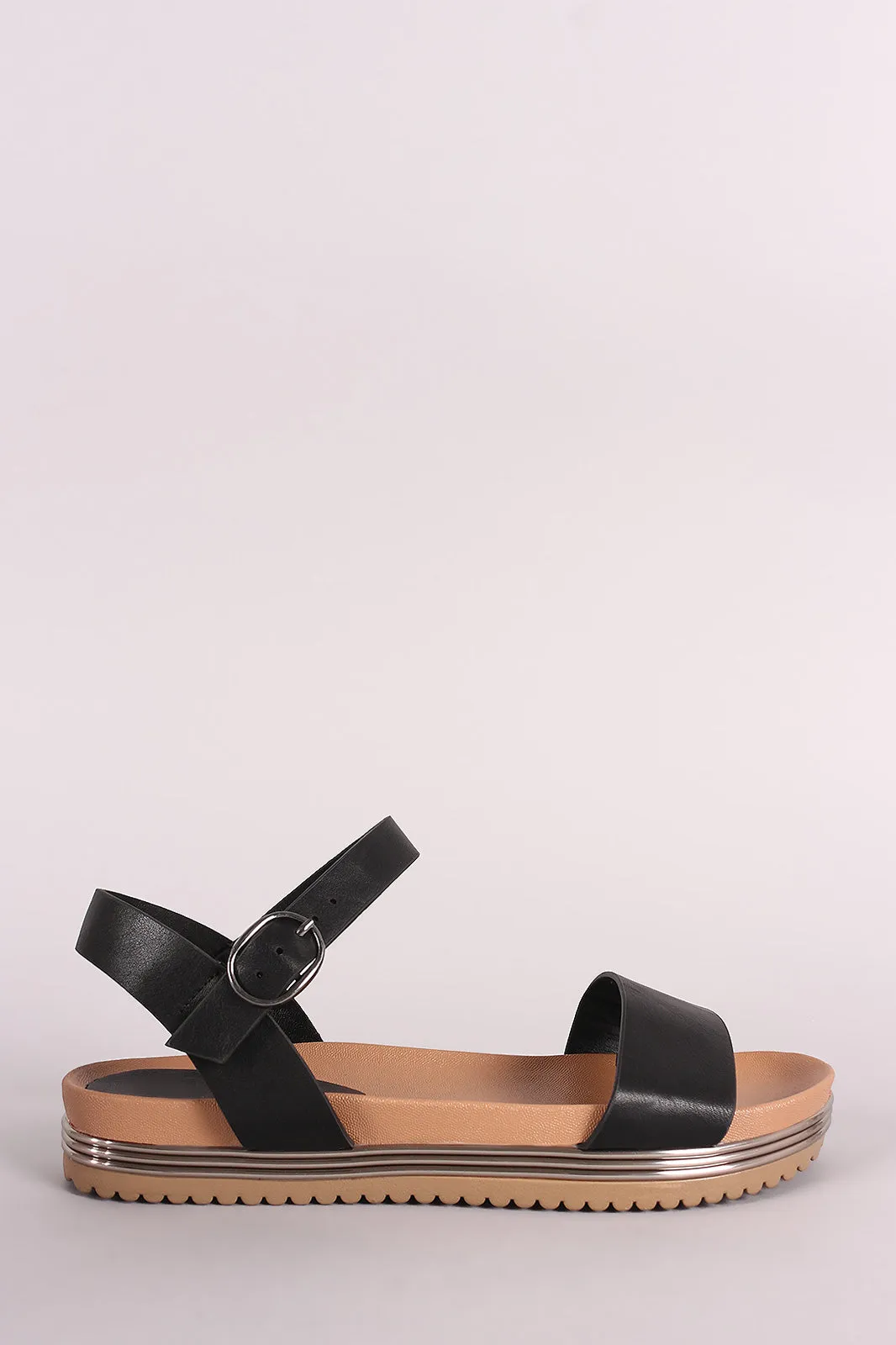 Bamboo Metallic Trim Ankle Strap Flatform Sandal