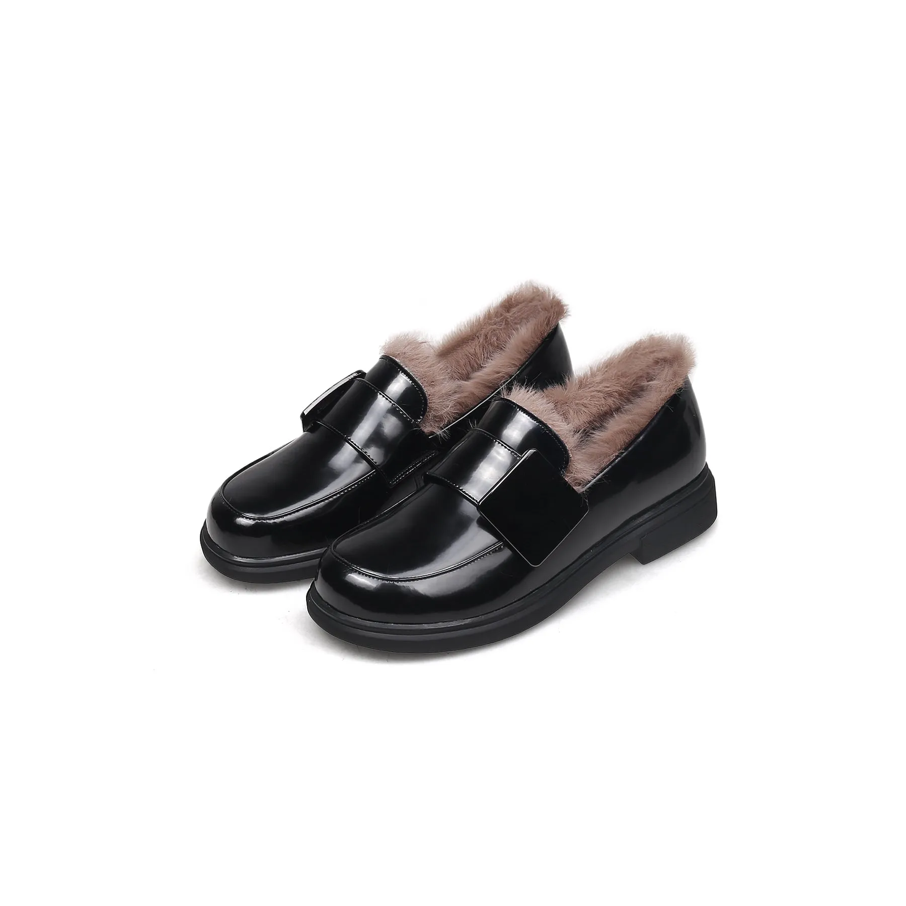 Black Fur-Lined Leather Loafers