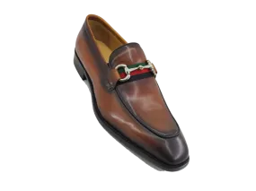 Carrucci cognac calfskin leather men's slip-on shoes red and green strip