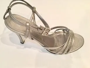 Chanel 05P 2005 Spring Metallic Silver Pewter Strap Sandal Leather Heel Pumps EU 36 US 5.5