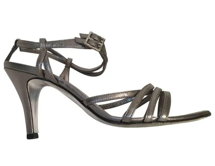 Chanel 05P 2005 Spring Metallic Silver Pewter Strap Sandal Leather Heel Pumps EU 36 US 5.5