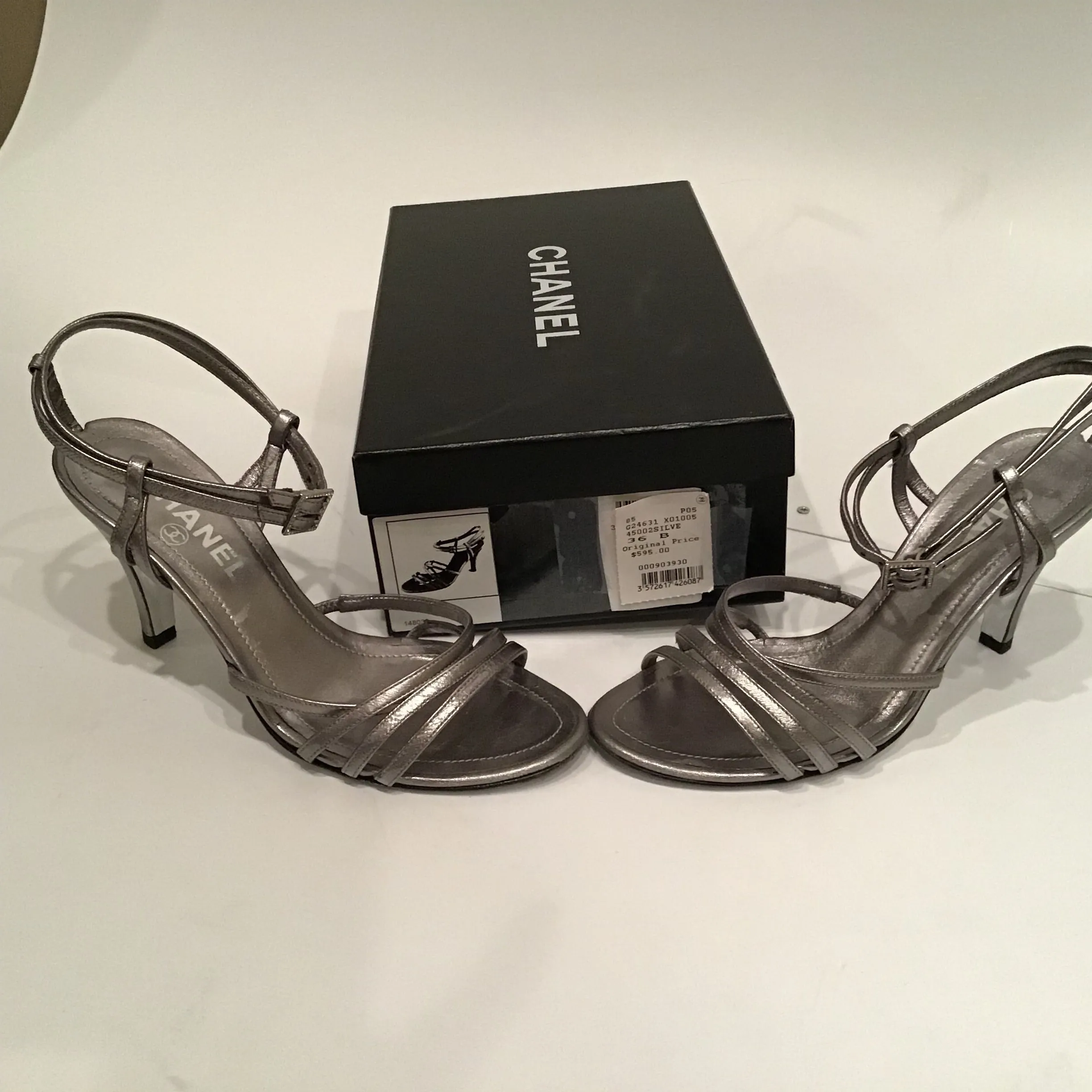 Chanel 05P 2005 Spring Metallic Silver Pewter Strap Sandal Leather Heel Pumps EU 36 US 5.5