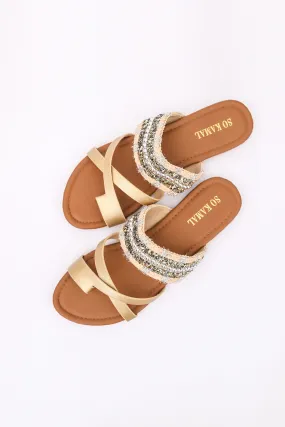 Criss-Cross Open Toe Flats - Golden