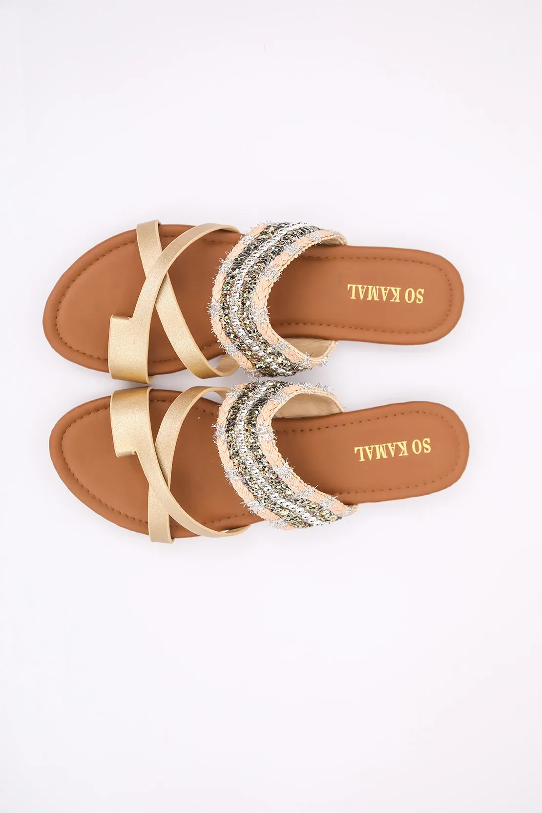 Criss-Cross Open Toe Flats - Golden