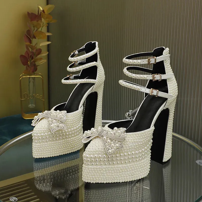 Elegant Hand-Inlaid Pearl Bow Platform Heels