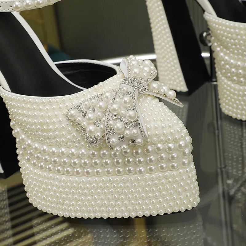 Elegant Hand-Inlaid Pearl Bow Platform Heels