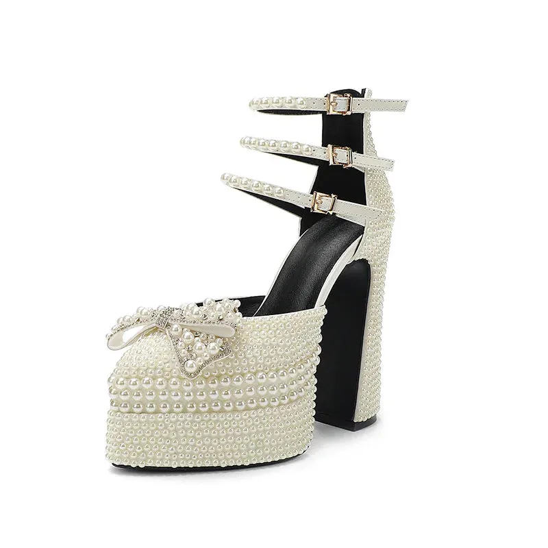 Elegant Hand-Inlaid Pearl Bow Platform Heels