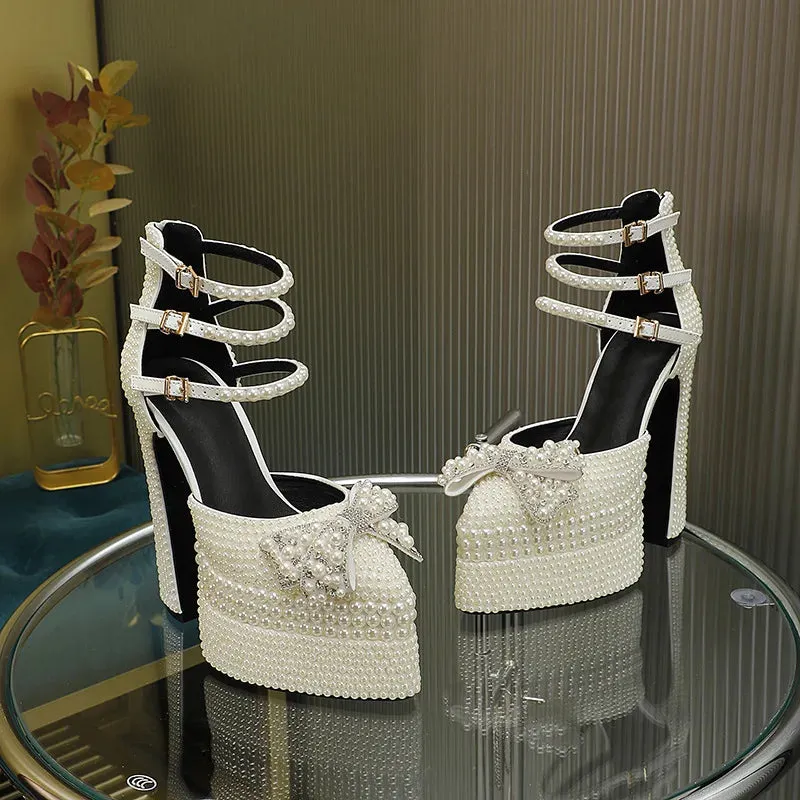 Elegant Hand-Inlaid Pearl Bow Platform Heels