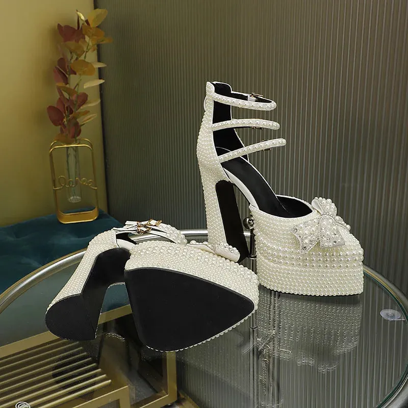 Elegant Hand-Inlaid Pearl Bow Platform Heels