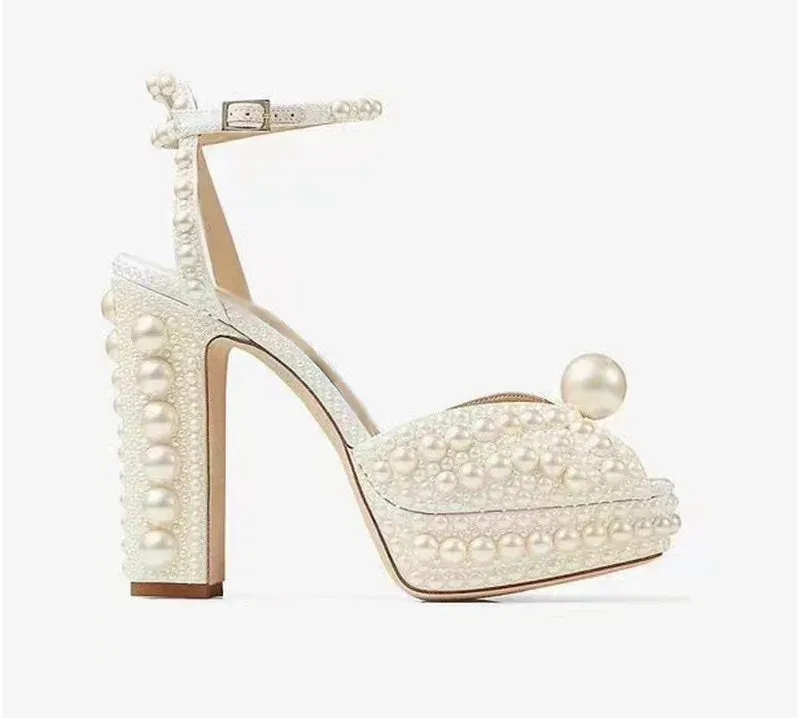 Elegant Hand-Inlaid Pearl Bow Platform Heels