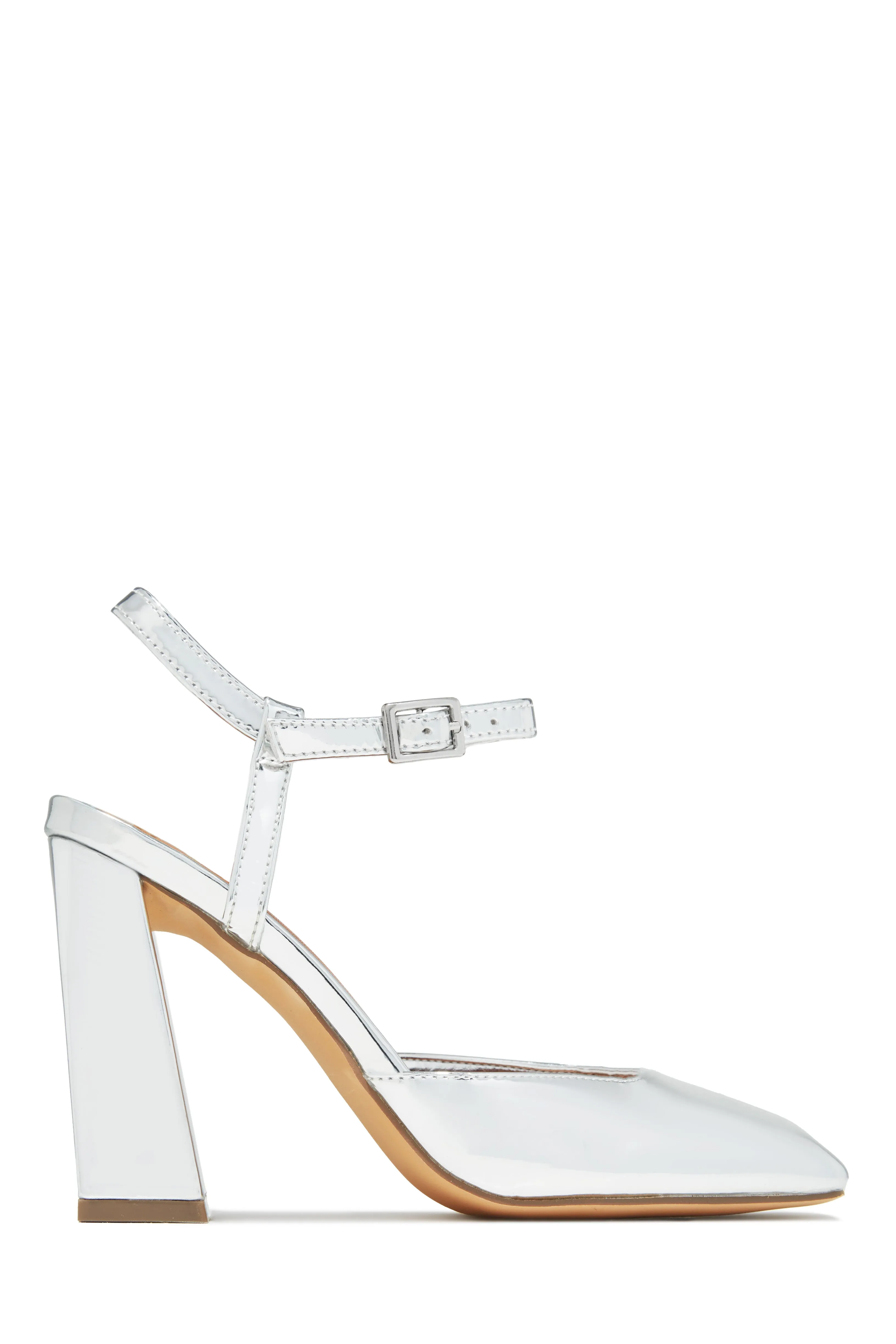 Elle Square Toe Block Heels - Silver