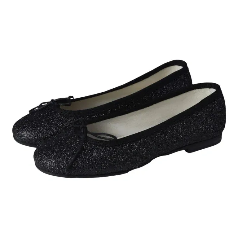 Girls’ Black Glitter Ballerina Flats with Bow Accent