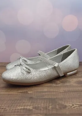 Girls’ Silver Glitter Flats with Rhinestone Detail