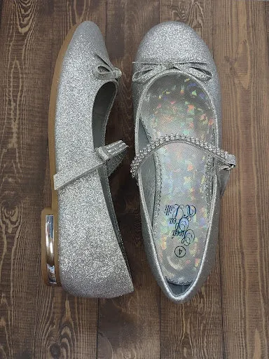 Girls’ Silver Glitter Flats with Rhinestone Detail