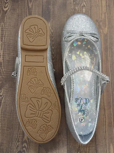 Girls’ Silver Glitter Flats with Rhinestone Detail