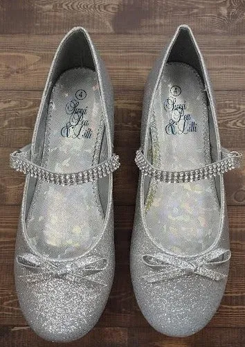 Girls’ Silver Glitter Flats with Rhinestone Detail