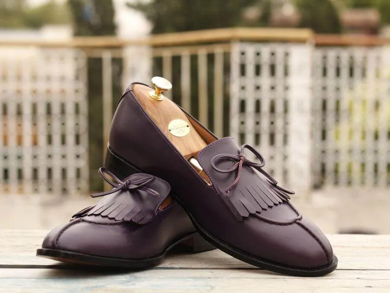 Latest Handmade Men's Purple Leather Fringes & Tussle Loafers, Men Split Toe Dress Formal Shoes