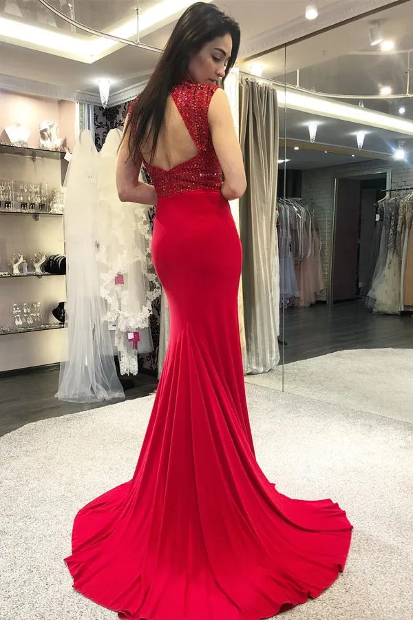 Mermaid High Neck Open Back Sweep Train Red Prom Dress with Beading LR33