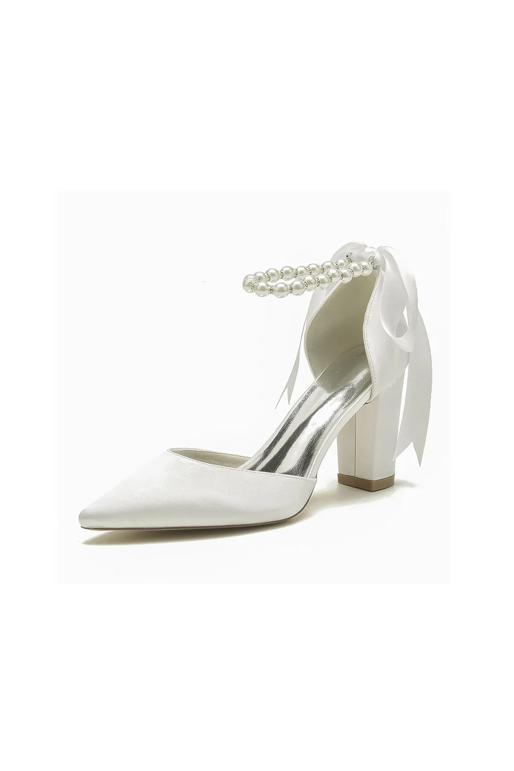 Pearl Ribbon Pointed Toe Ankle Strap Chunky Heel