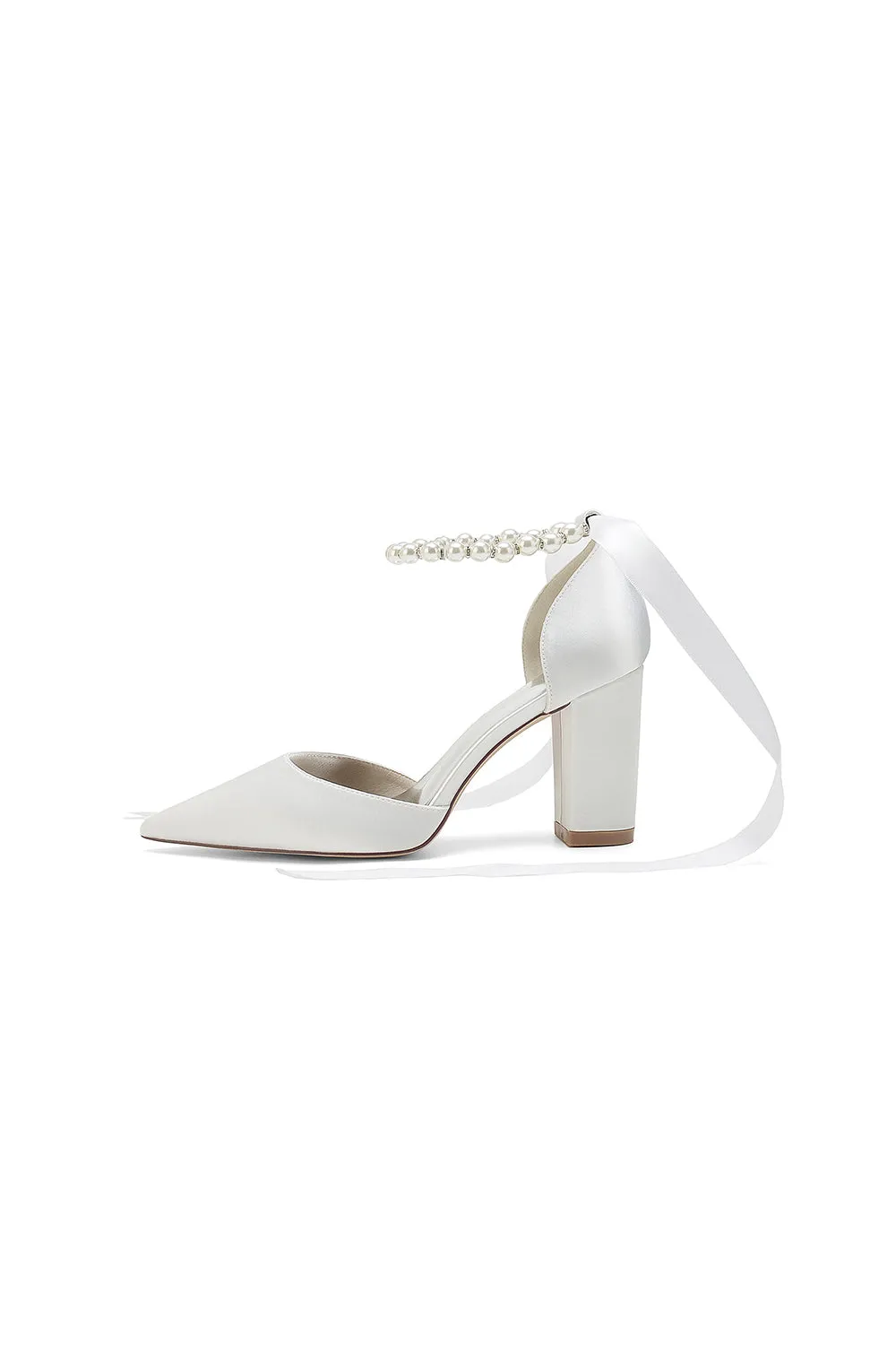 Pearl Ribbon Pointed Toe Ankle Strap Chunky Heel