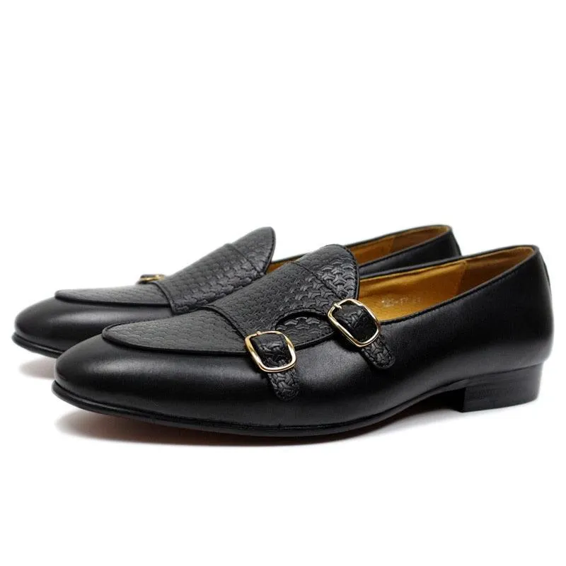 Plaid Monk Strap Leather Loafers - Men Shoes