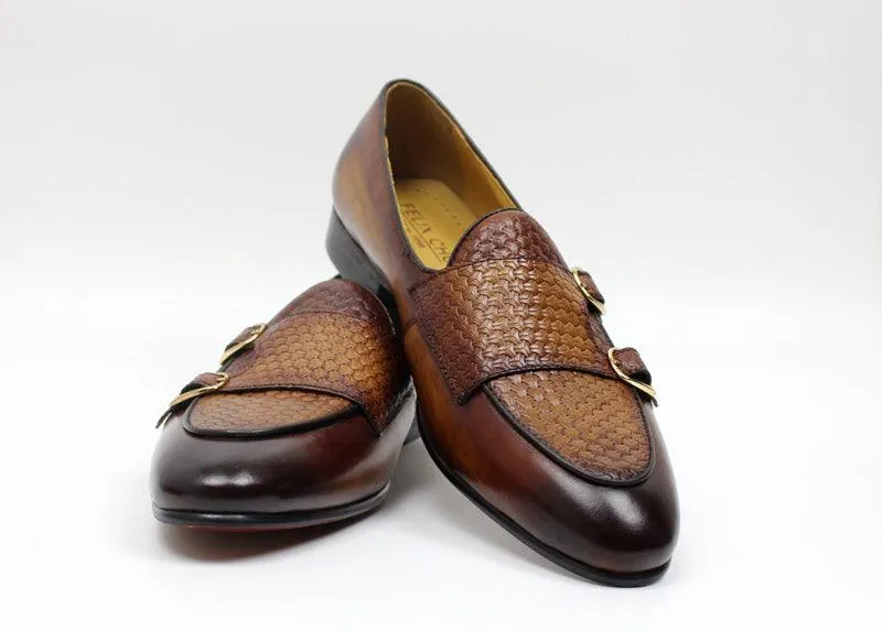 Plaid Monk Strap Leather Loafers - Men Shoes