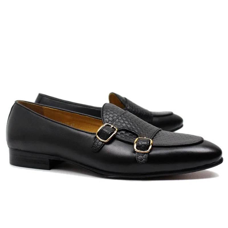 Plaid Monk Strap Leather Loafers - Men Shoes