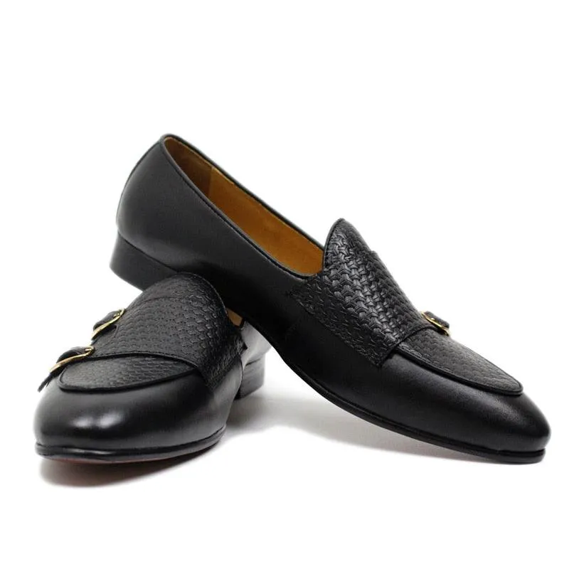 Plaid Monk Strap Leather Loafers - Men Shoes