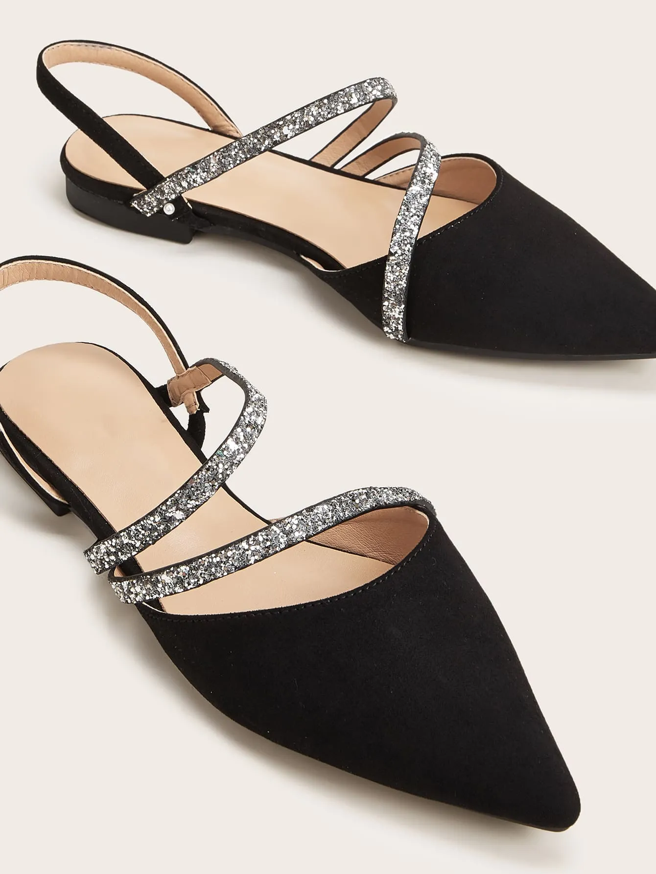 Point Toe Glitter Strap Slingback Flats