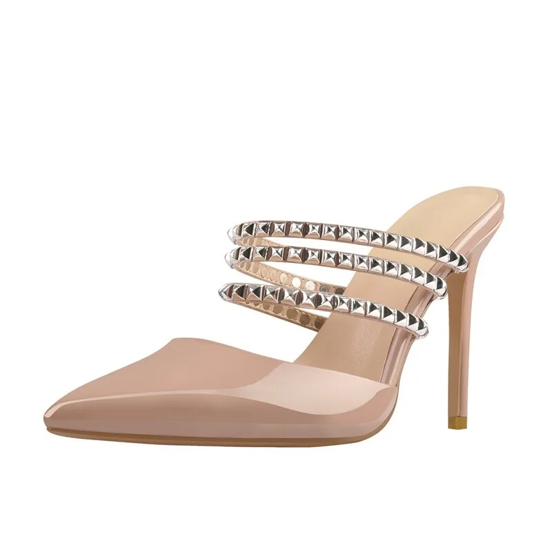 Pointed Toe Rivets Straps High Heel Slip On Sandals