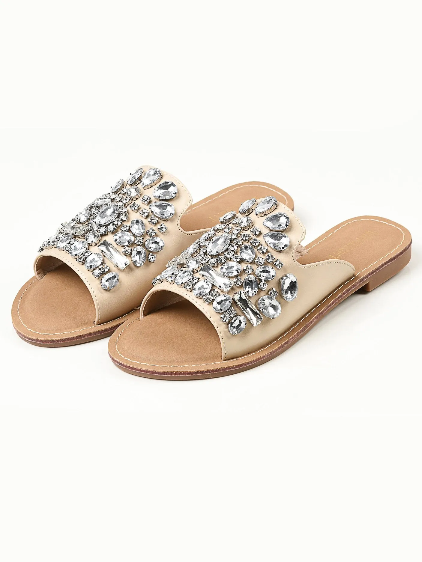 Stone Studded Flats - Beige