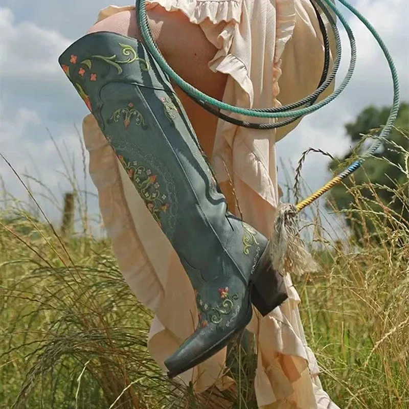 Vintage Floral Embroider Blue Leather Western Boots